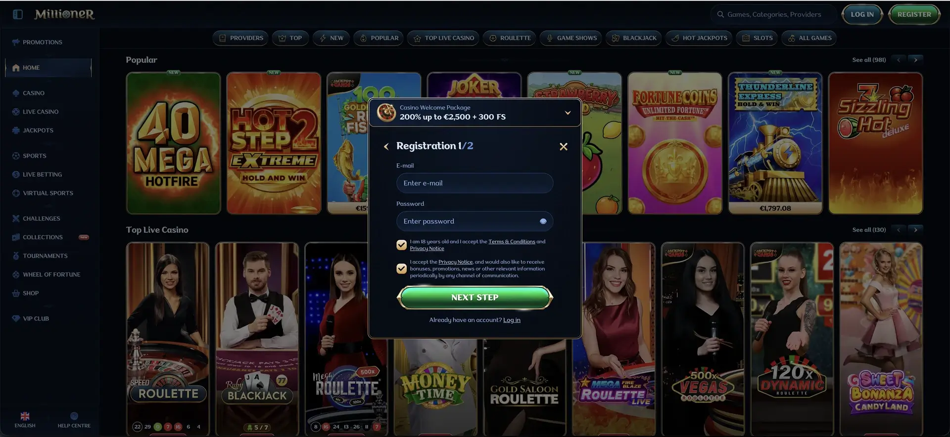 Inscription sur Millioner Casino